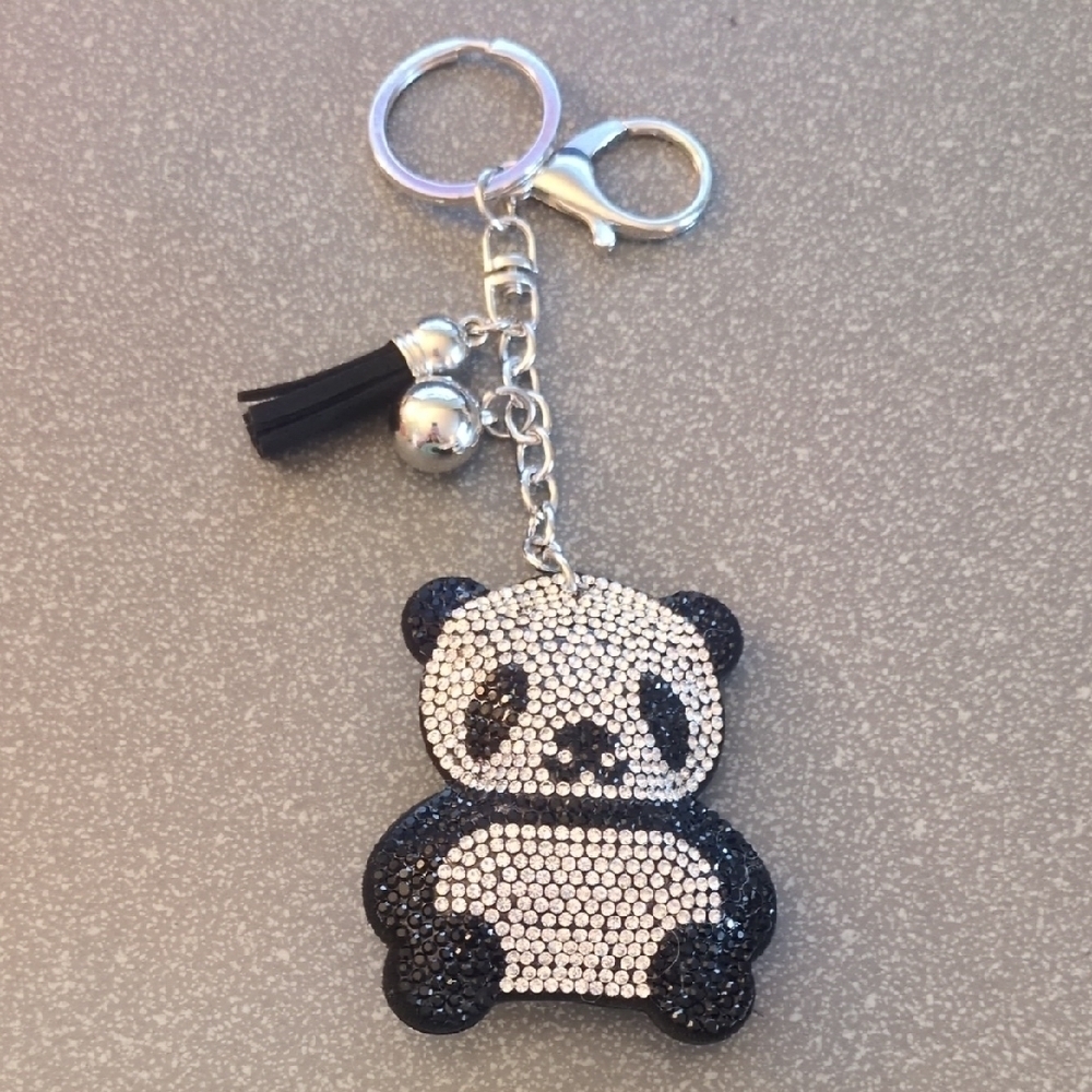 Panda Keychain Or Bag Charm, Silver with Black And White Rhinestones